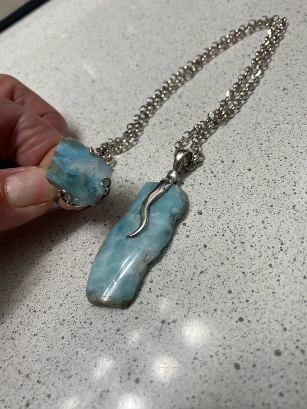 Gorgeous Sterling Silver Larimar Pendant Necklace and Ring Set